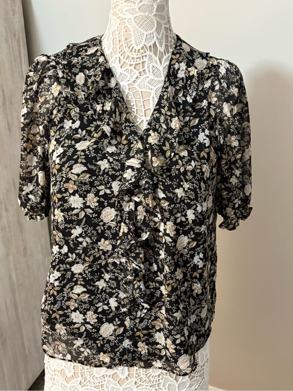 cupcakes & cashmere Black Floral Ruffle Blouse